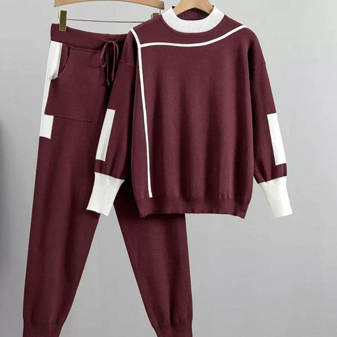 Women's Casual Knit Two-Piece Sweater Pants Set Contrast Trim - Red