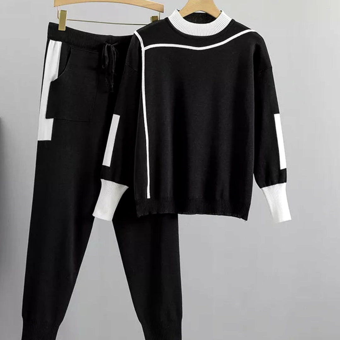 Women's Casual Knit Two-Piece Sweater Pants Set Contrast Trim - Black