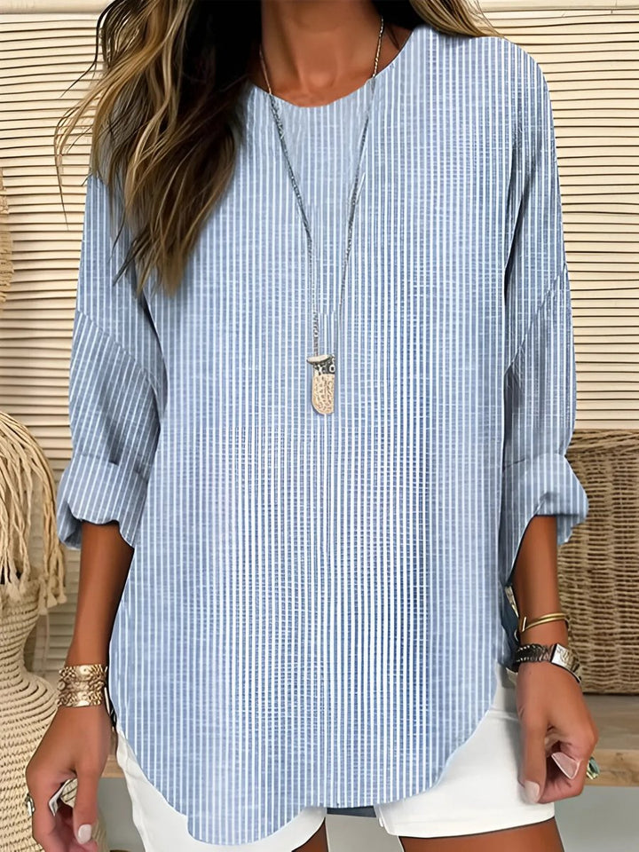 Women's Casual Long-Sleeve Crew-Neck Striped Blouse - Blue