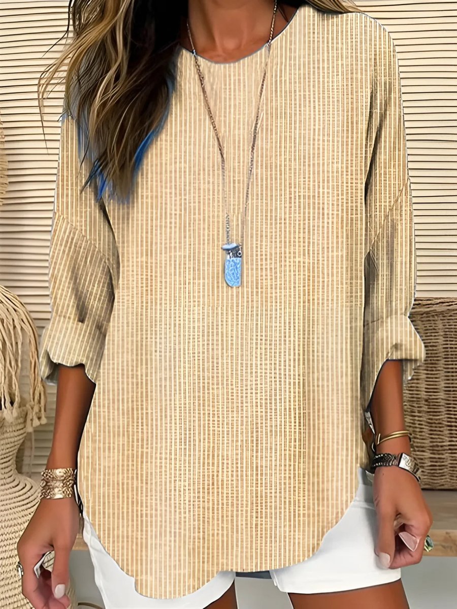 Women's Casual Long-Sleeve Crew-Neck Striped Blouse - Khaki