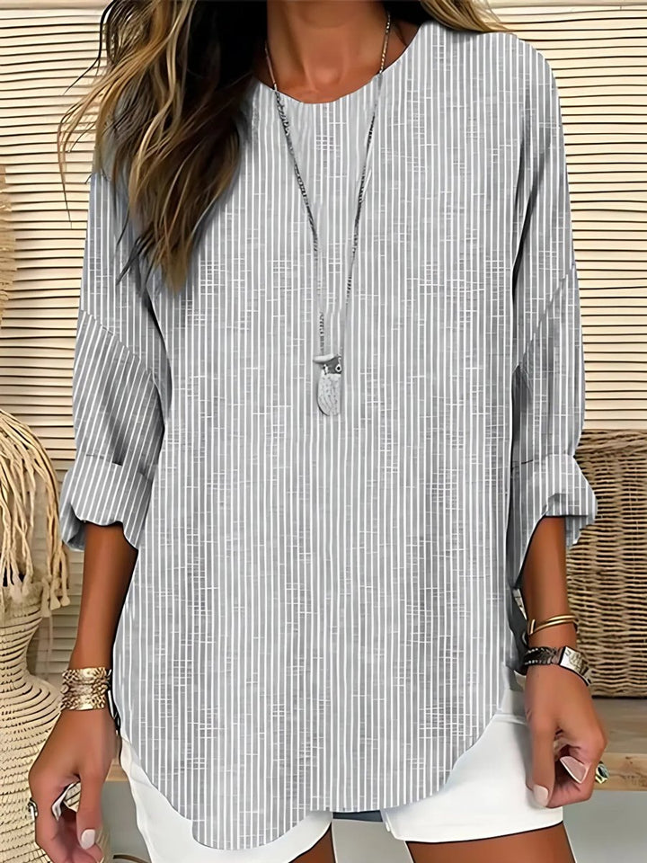 Women's Casual Long-Sleeve Crew-Neck Striped Blouse - Grey