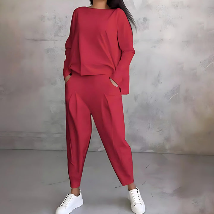 Women's Casual Loose-Fit Long-Sleeve Top Tapered Pants Two-Piece Set - Red