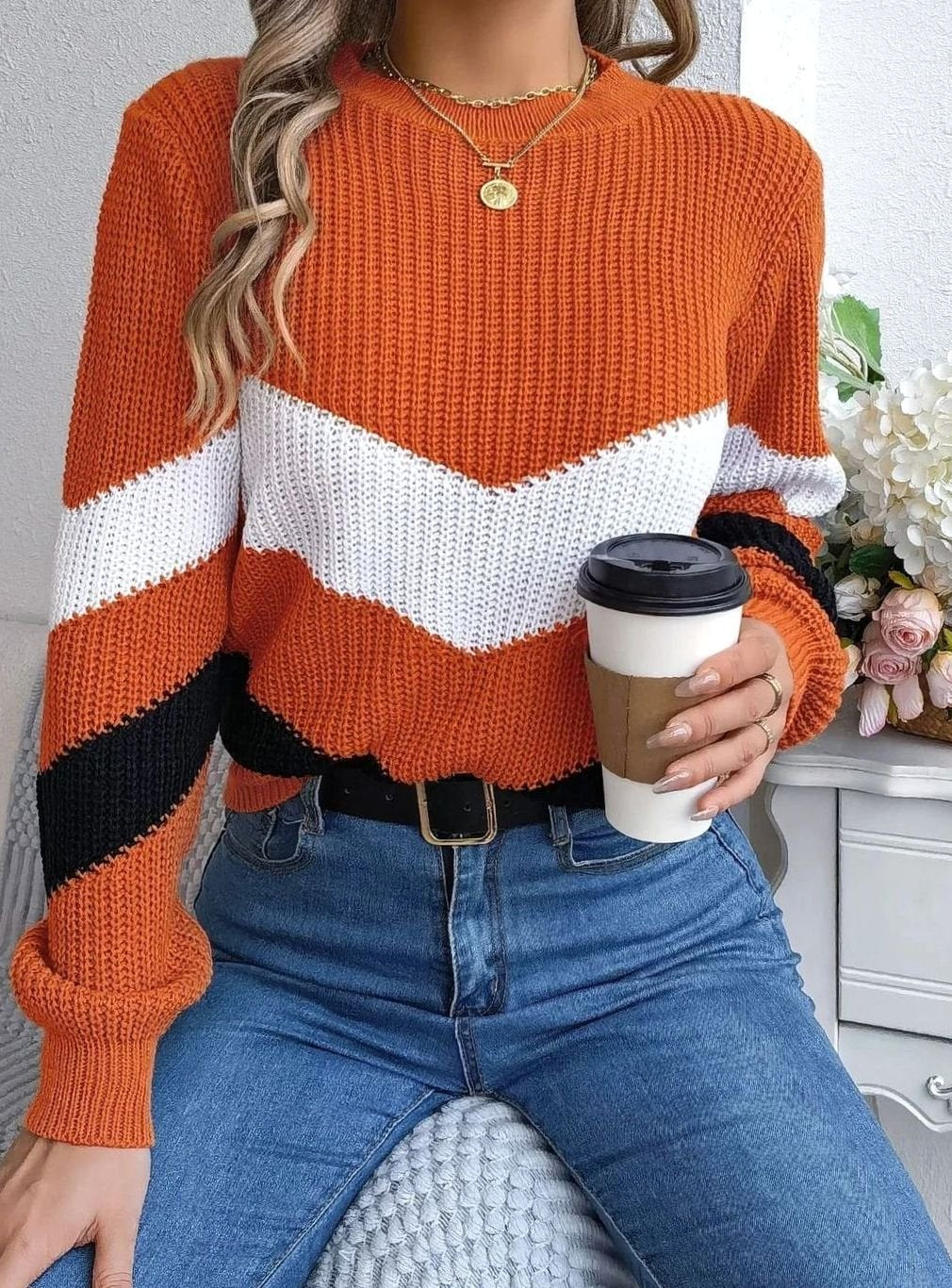 Women's Chevron Color Block Round-Neck Knit Sweater - Orange