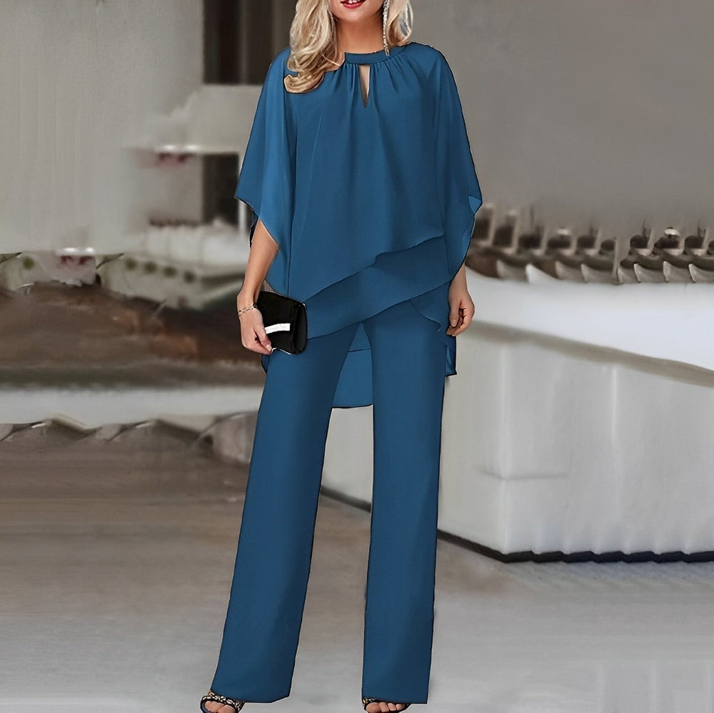 Women's Chiffon Layered Top Wide Leg Pants Two-Piece Set - Sapphire Blue