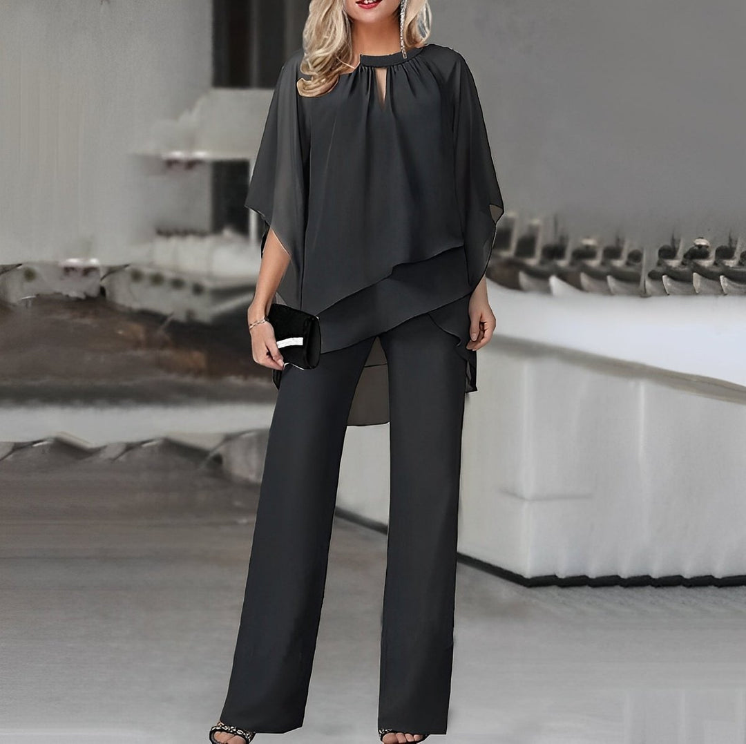 Women's Chiffon Layered Top Wide Leg Pants Two-Piece Set - Black