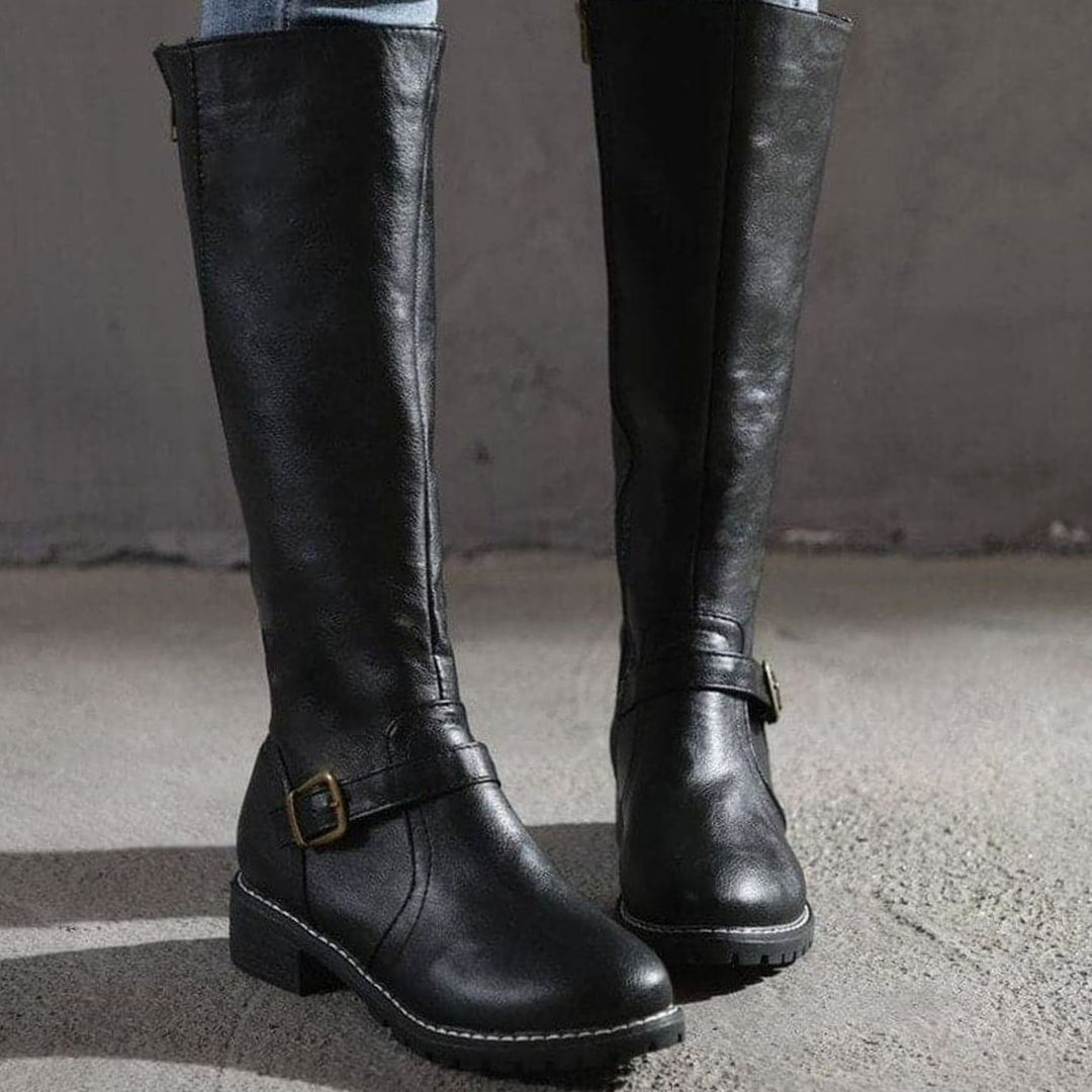 Women's Classic Buckle Side-Zip Knee-High Boots - Black