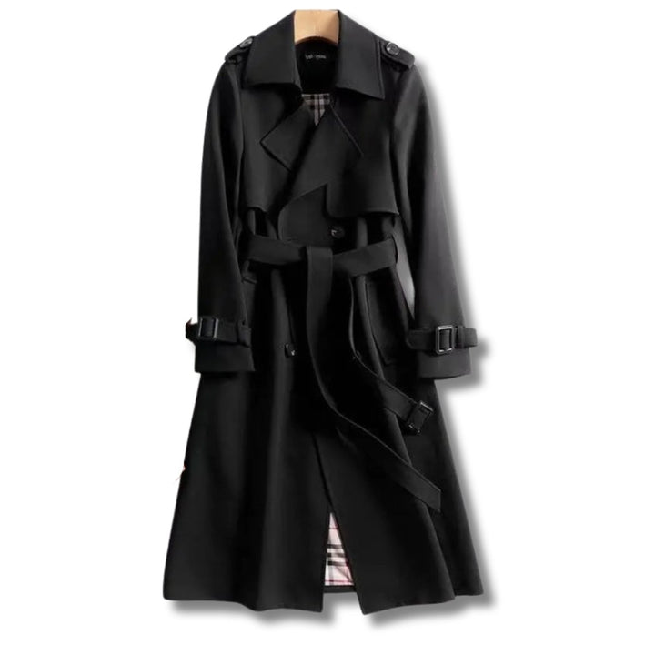 Women's Classic Double-Breasted Belted Trench Coat - Black