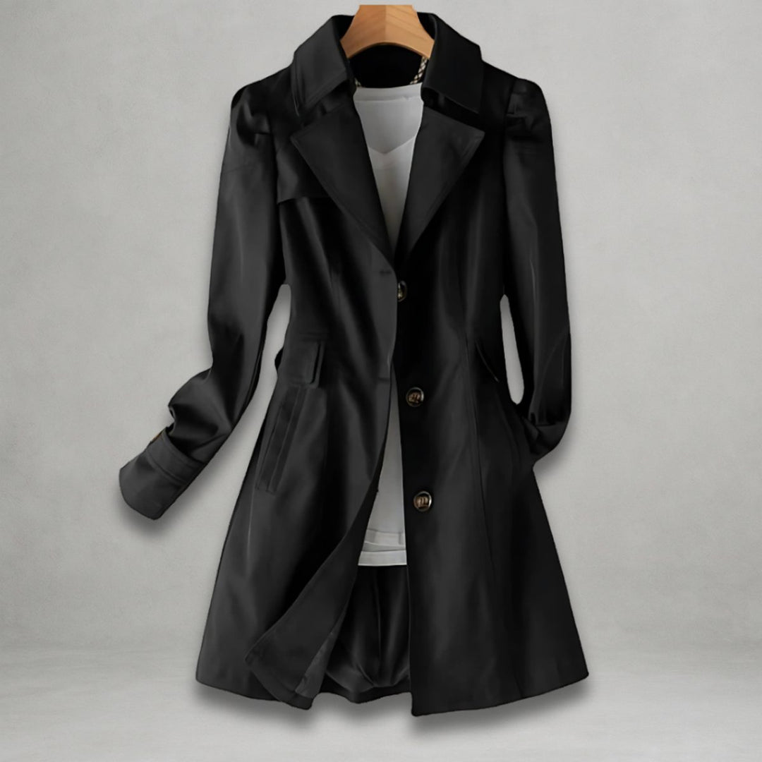 Women's Classic Single-Breasted Trench Coat Lapel Collar - Black