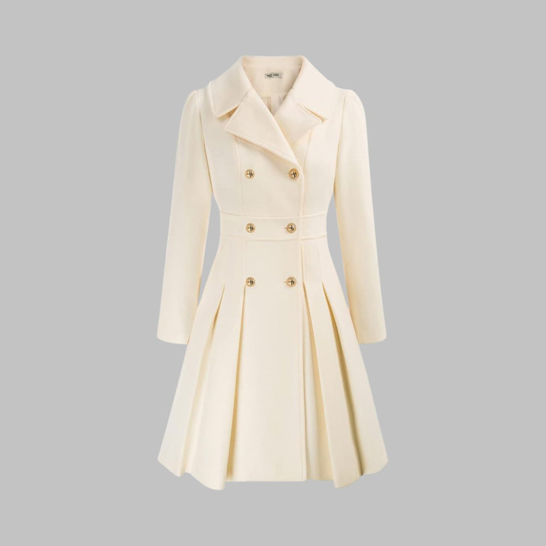 Women's Coat Double-Breasted Pleated A-Line Long Sleeve - White