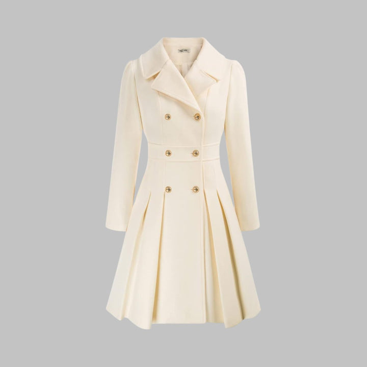 Women's Coat Double-Breasted Pleated A-Line Long Sleeve - White