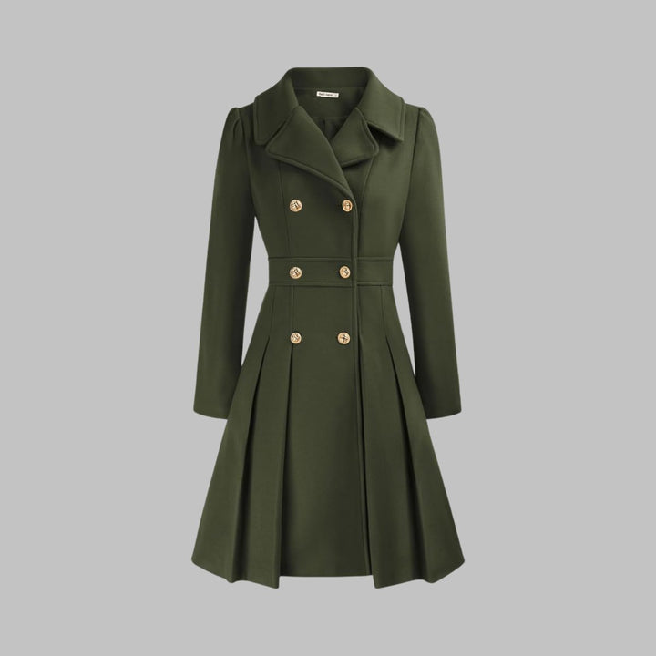 Women's Coat Double-Breasted Pleated A-Line Long Sleeve - Army Green