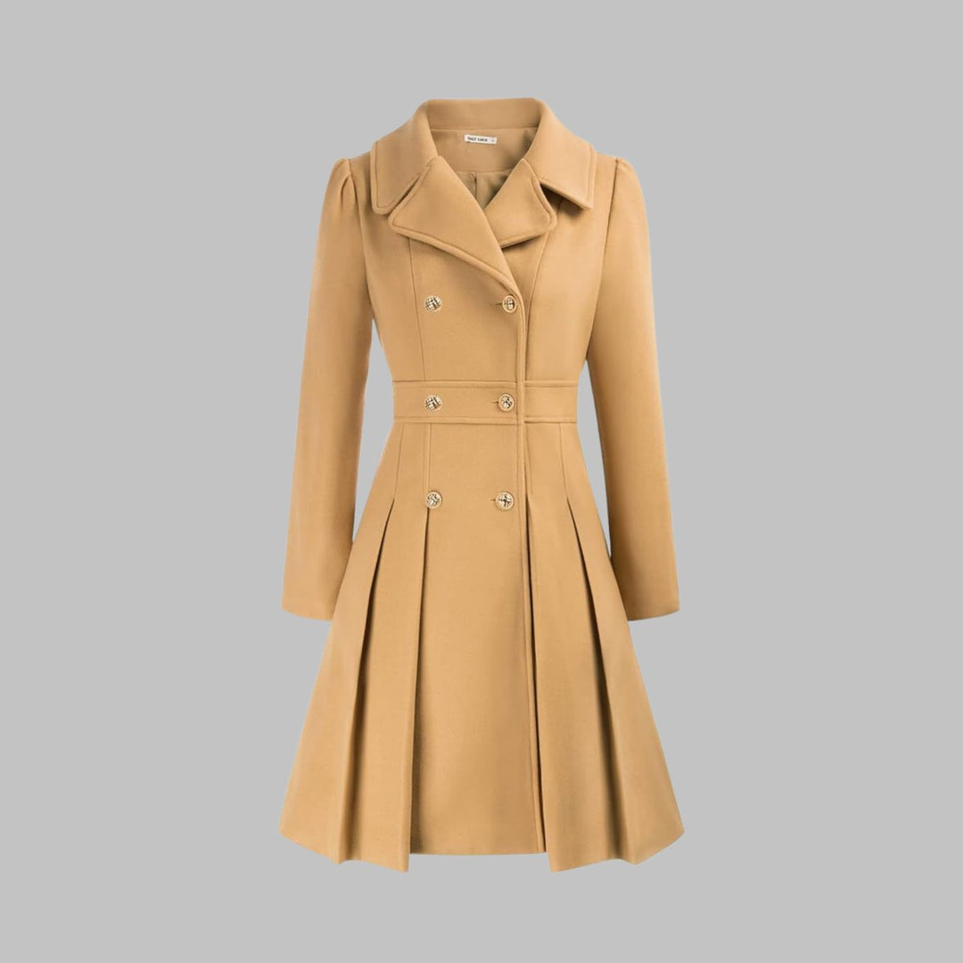 Women's Coat Double-Breasted Pleated A-Line Long Sleeve - Teal