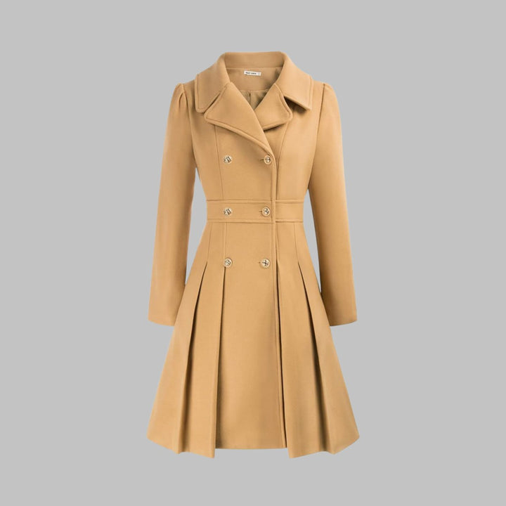 Women's Coat Double-Breasted Pleated A-Line Long Sleeve - Teal