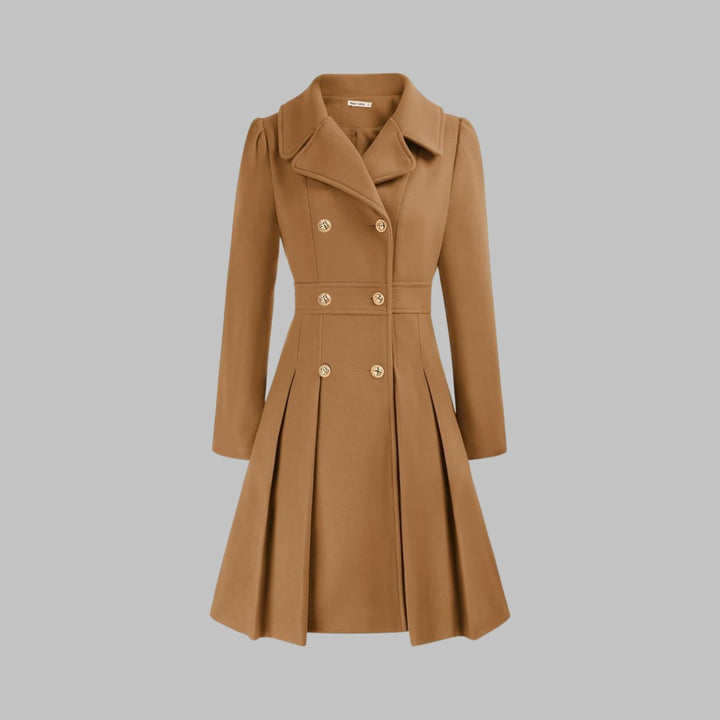 Women's Coat Double-Breasted Pleated A-Line Long Sleeve - Camel