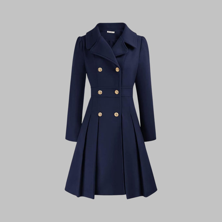 Women's Coat Double-Breasted Pleated A-Line Long Sleeve - Dark Blue
