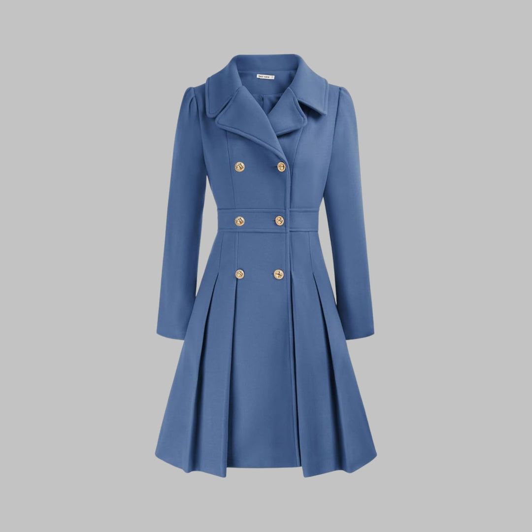 Women's Coat Double-Breasted Pleated A-Line Long Sleeve - Gray Blue