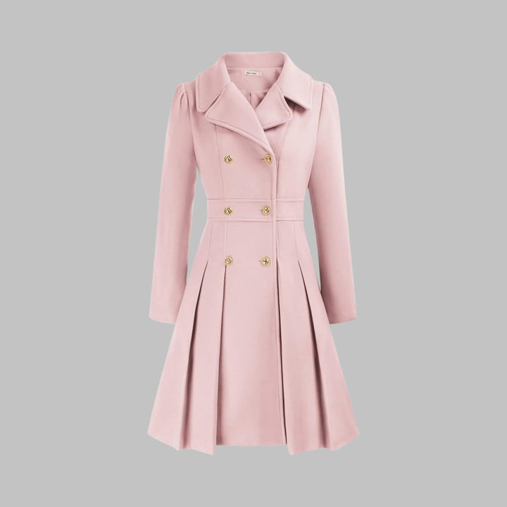 Women's Coat Double-Breasted Pleated A-Line Long Sleeve - Light Pink