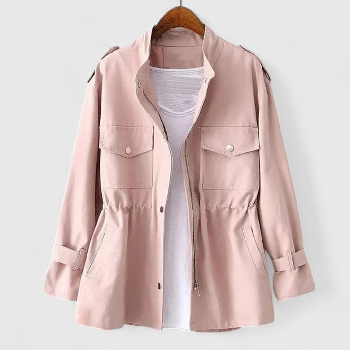 Women's Coat Drawstring-Waist Utility Jacket Zip-Up - Pink