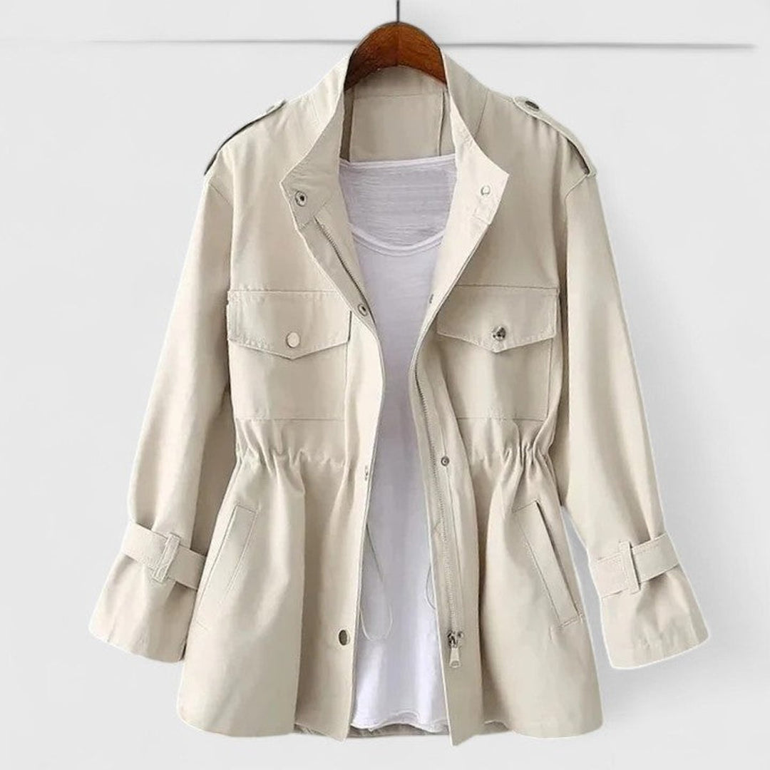 Women's Coat Drawstring-Waist Utility Jacket Zip-Up - Cream