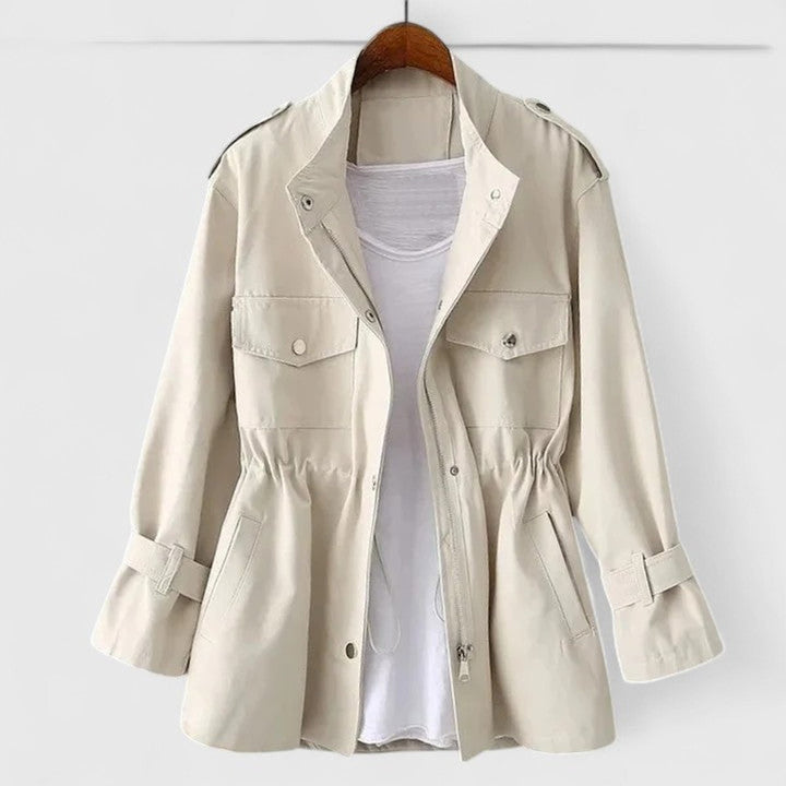 Women's Coat Drawstring-Waist Utility Jacket Zip-Up - Cream