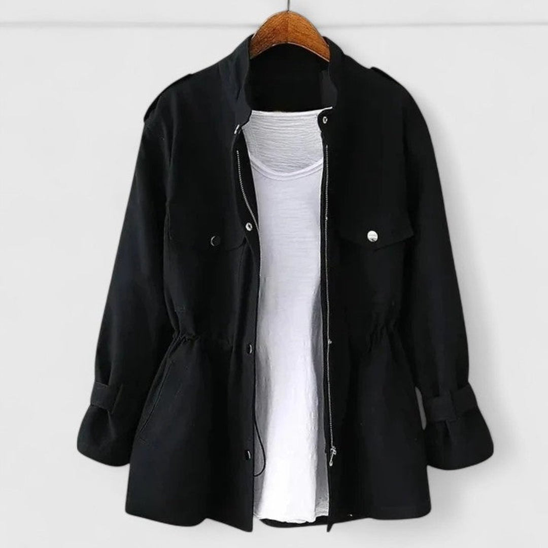 Women's Coat Drawstring-Waist Utility Jacket Zip-Up - Black