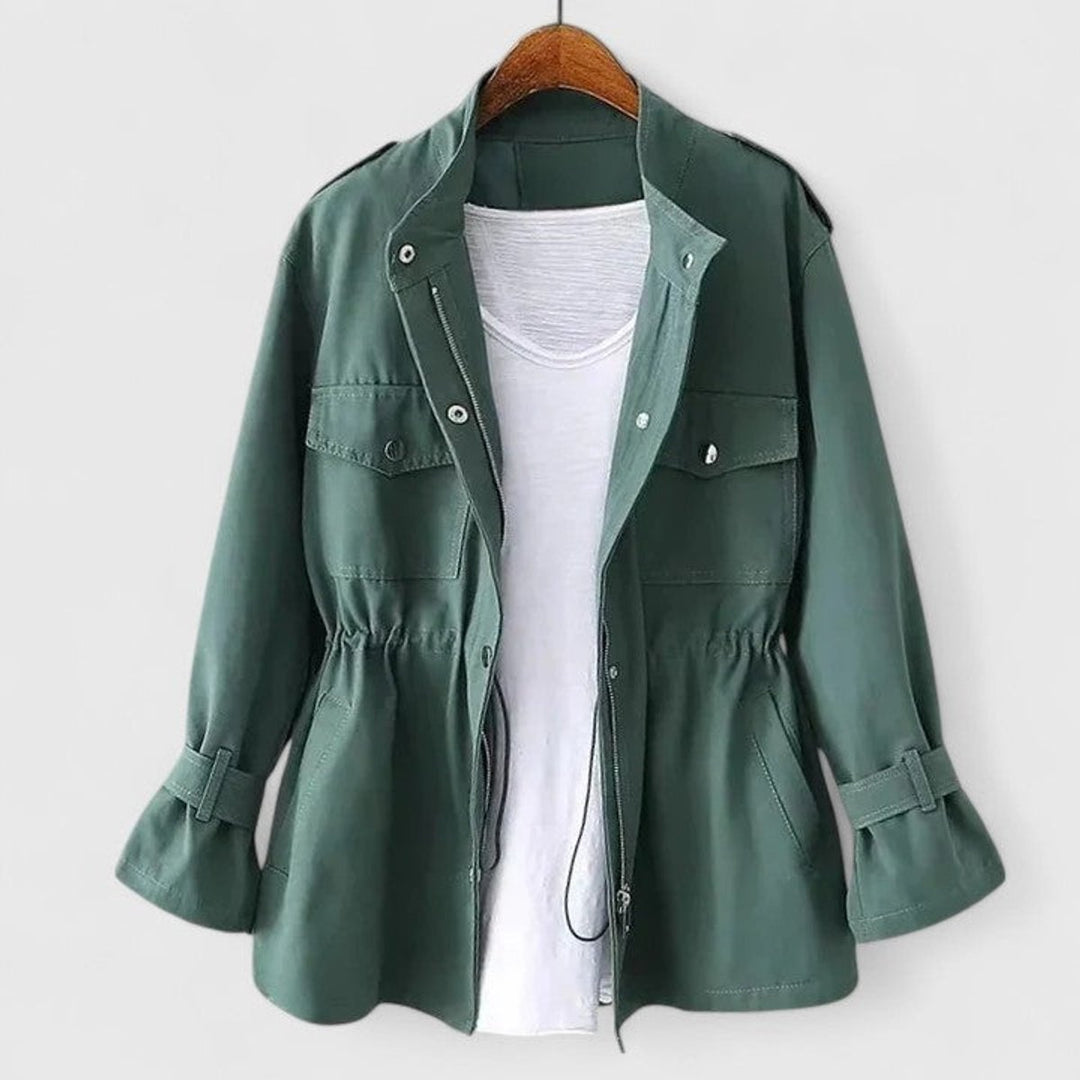 Women's Coat Drawstring-Waist Utility Jacket Zip-Up - Green