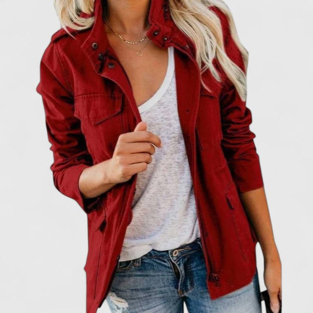 Women's Coat Utility Military Field Jacket Drawstring Waist - Red