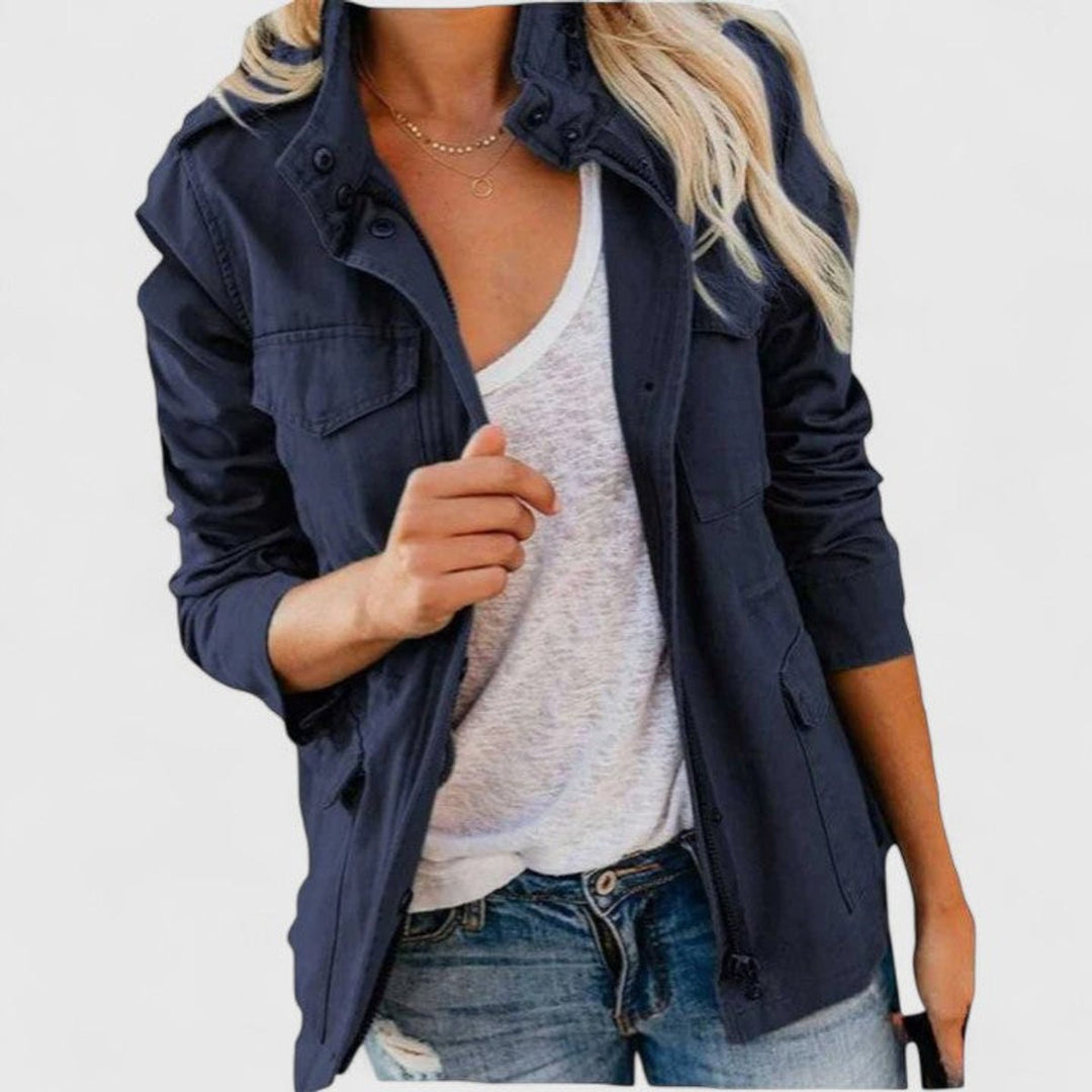 Women's Coat Utility Military Field Jacket Drawstring Waist - Navy Blue