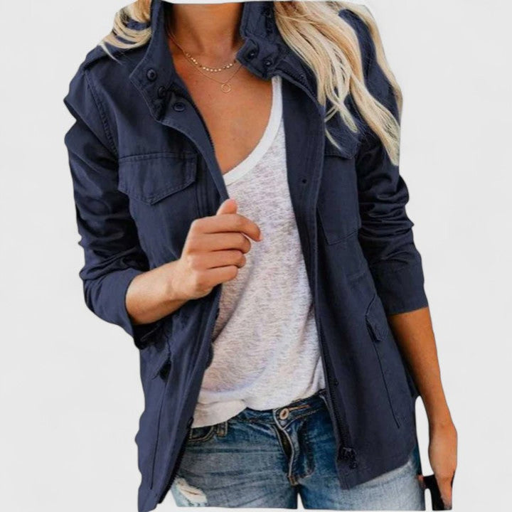 Women's Coat Utility Military Field Jacket Drawstring Waist - Navy Blue