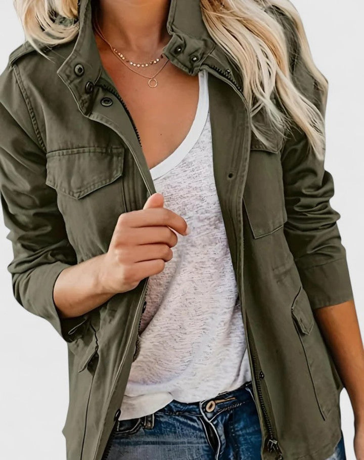 Women's Coat Utility Military Field Jacket Drawstring Waist - Green