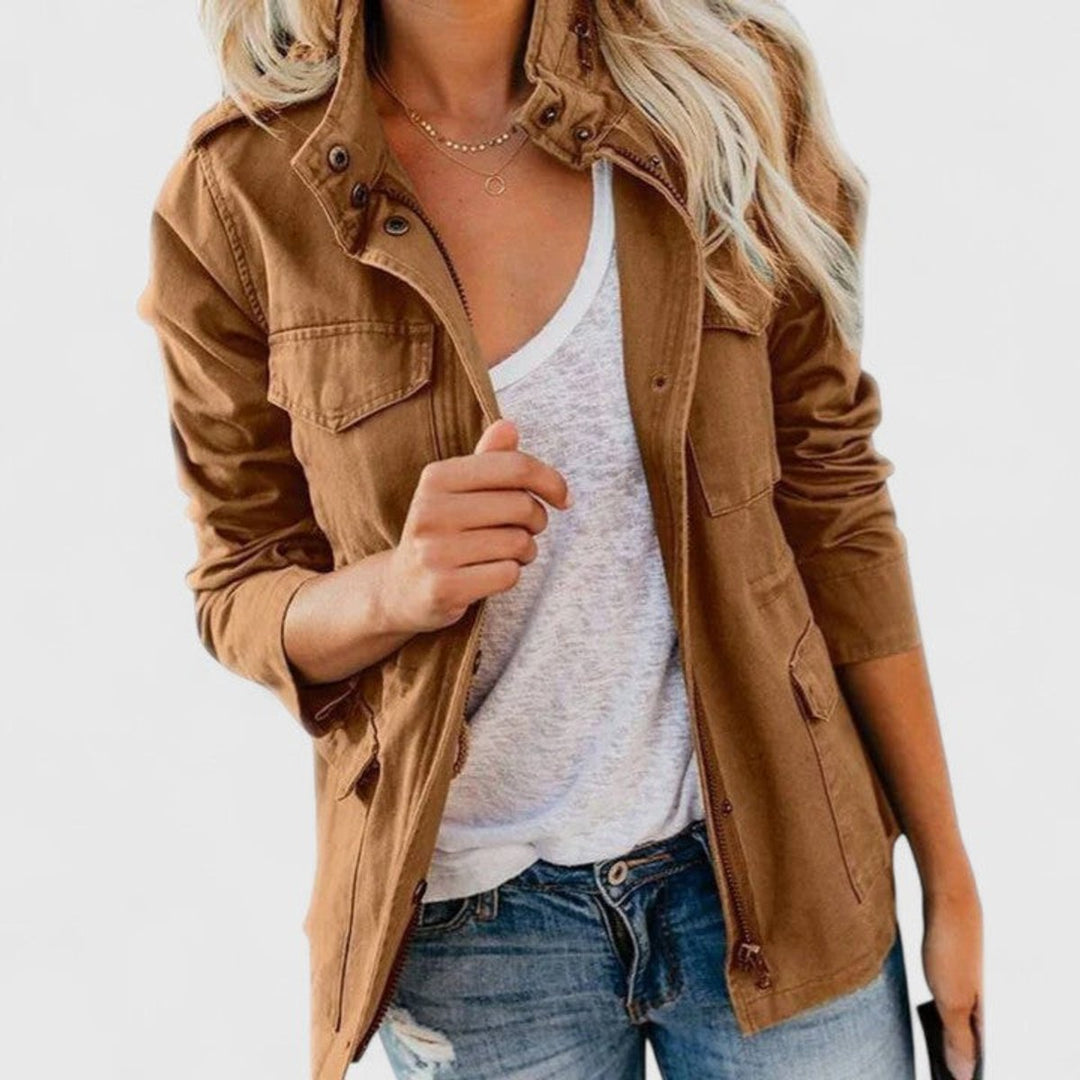 Women's Coat Utility Military Field Jacket Drawstring Waist - Khaki