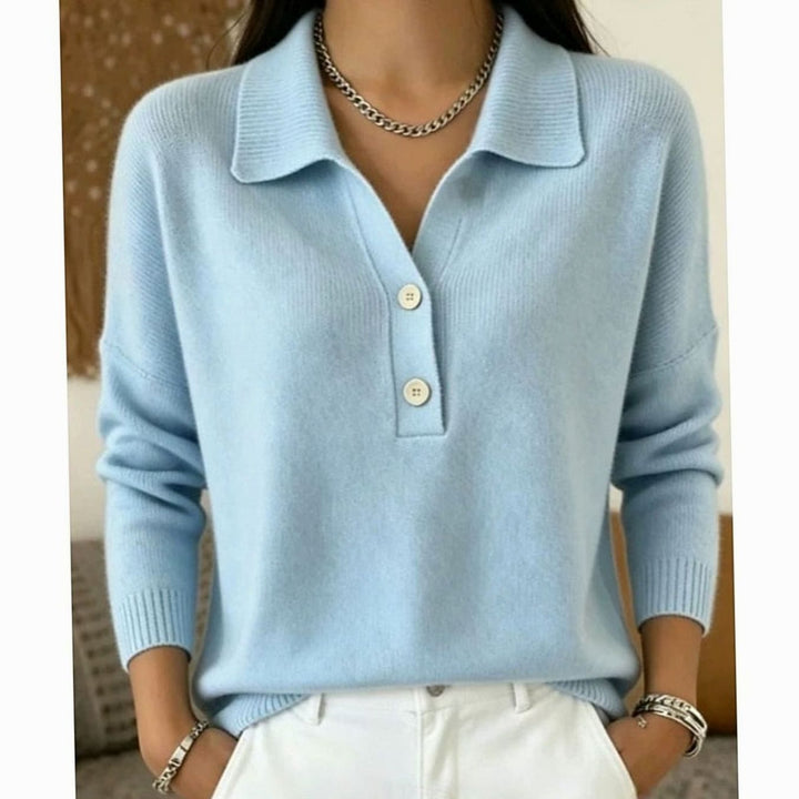 Women's Collared Button-Placket Long-Sleeve Knit Pullover Sweater - Blue