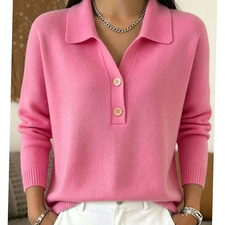 Women's Collared Button-Placket Long-Sleeve Knit Pullover Sweater - Pink