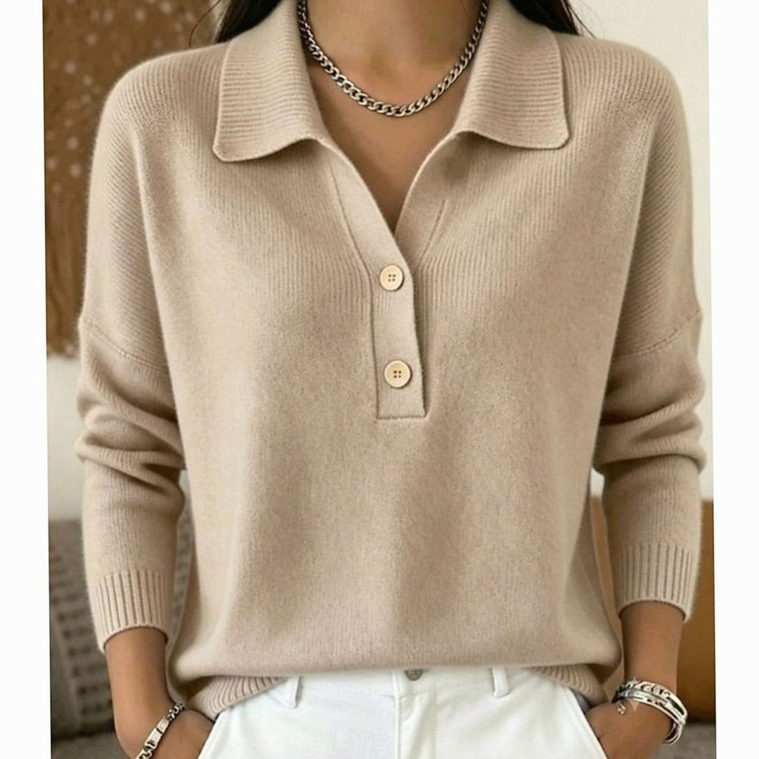 Women's Collared Button-Placket Long-Sleeve Knit Pullover Sweater - Khaki