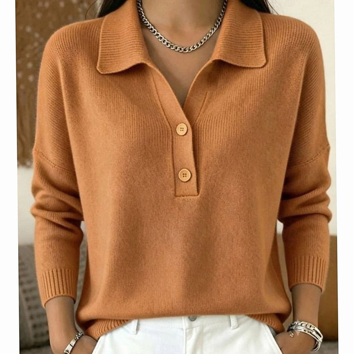 Women's Collared Button-Placket Long-Sleeve Knit Pullover Sweater - Light Brown