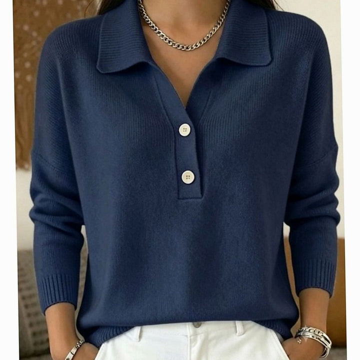 Women's Collared Button-Placket Long-Sleeve Knit Pullover Sweater - Dark Blue