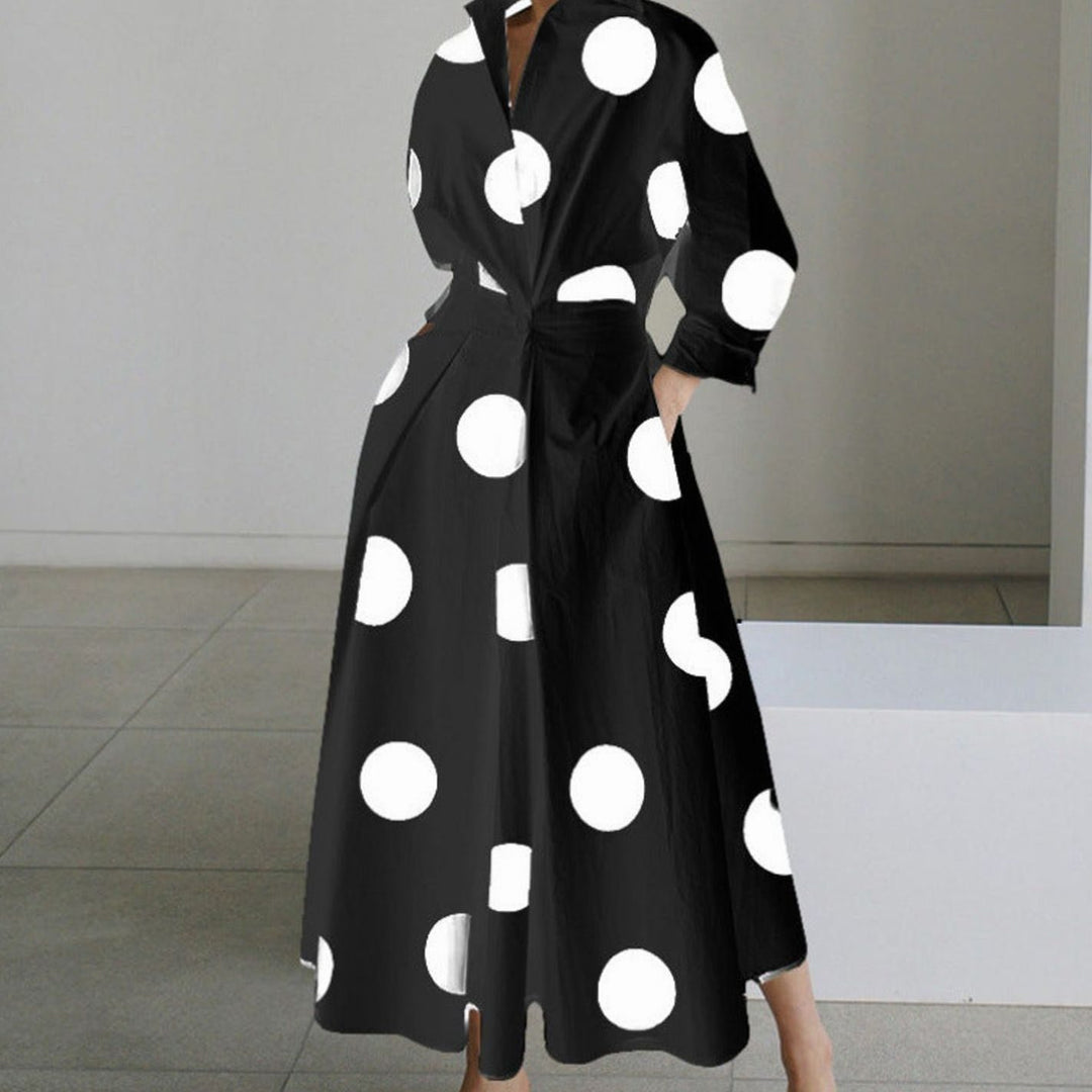Women's Collared Maxi Shirt Dress Long Sleeve Wrap Newspaper Print - Black Polka Dot
