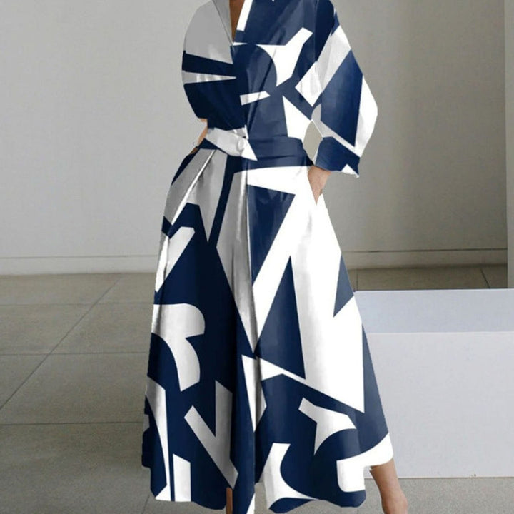 Women's Collared Maxi Shirt Dress Long Sleeve Wrap Newspaper Print - Blue Stripe