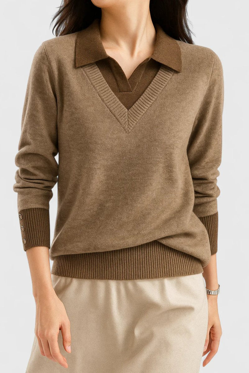 Women's Collared V-Neck Knit Pullover Sweater Button Cuffs - Brown