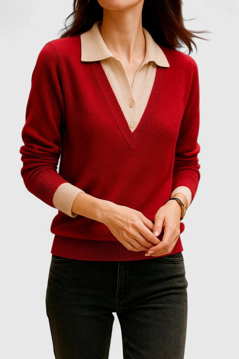 Women's Collared V-Neck Knit Pullover Sweater Button Cuffs