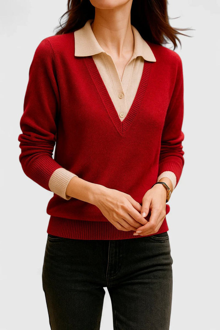 Women's Collared V-Neck Knit Pullover Sweater Button Cuffs