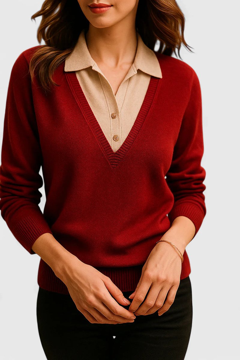 Women's Collared V-Neck Knit Pullover Sweater Button Cuffs