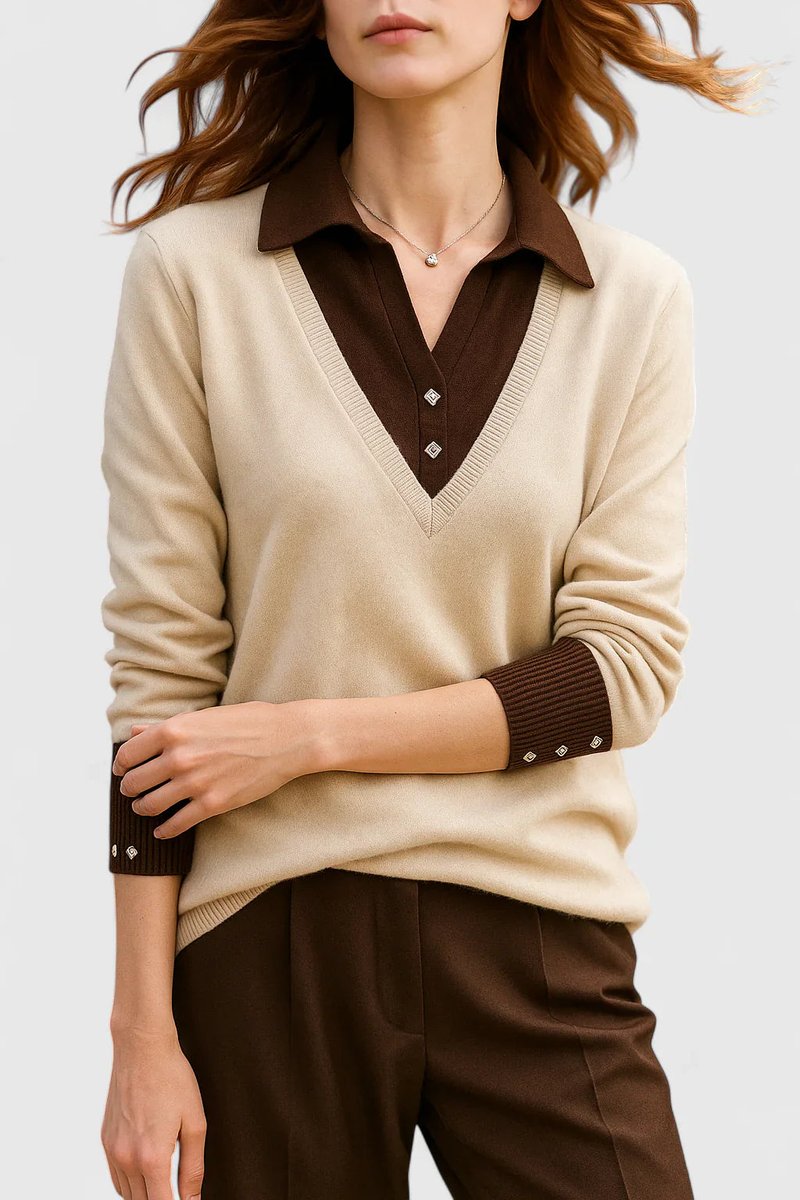 Women's Collared V-Neck Knit Pullover Sweater Button Cuffs