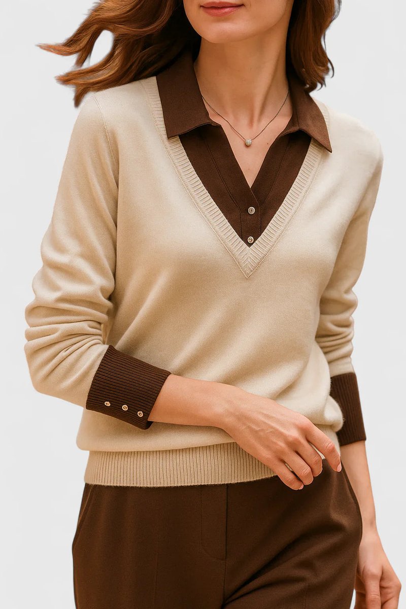 Women's Collared V-Neck Knit Pullover Sweater Button Cuffs