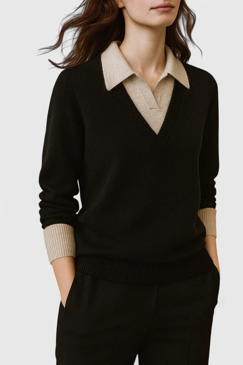 Women's Collared V-Neck Knit Pullover Sweater Button Cuffs