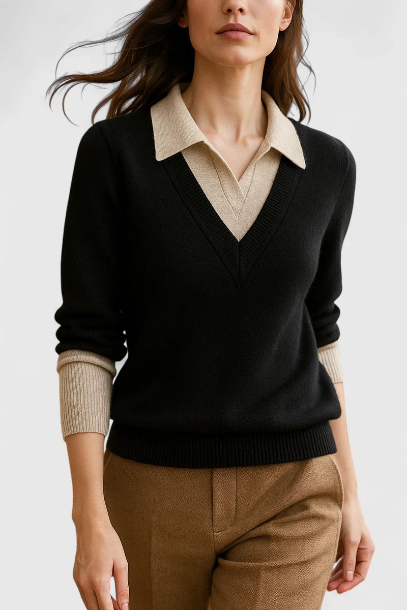 Women's Collared V-Neck Knit Pullover Sweater Button Cuffs