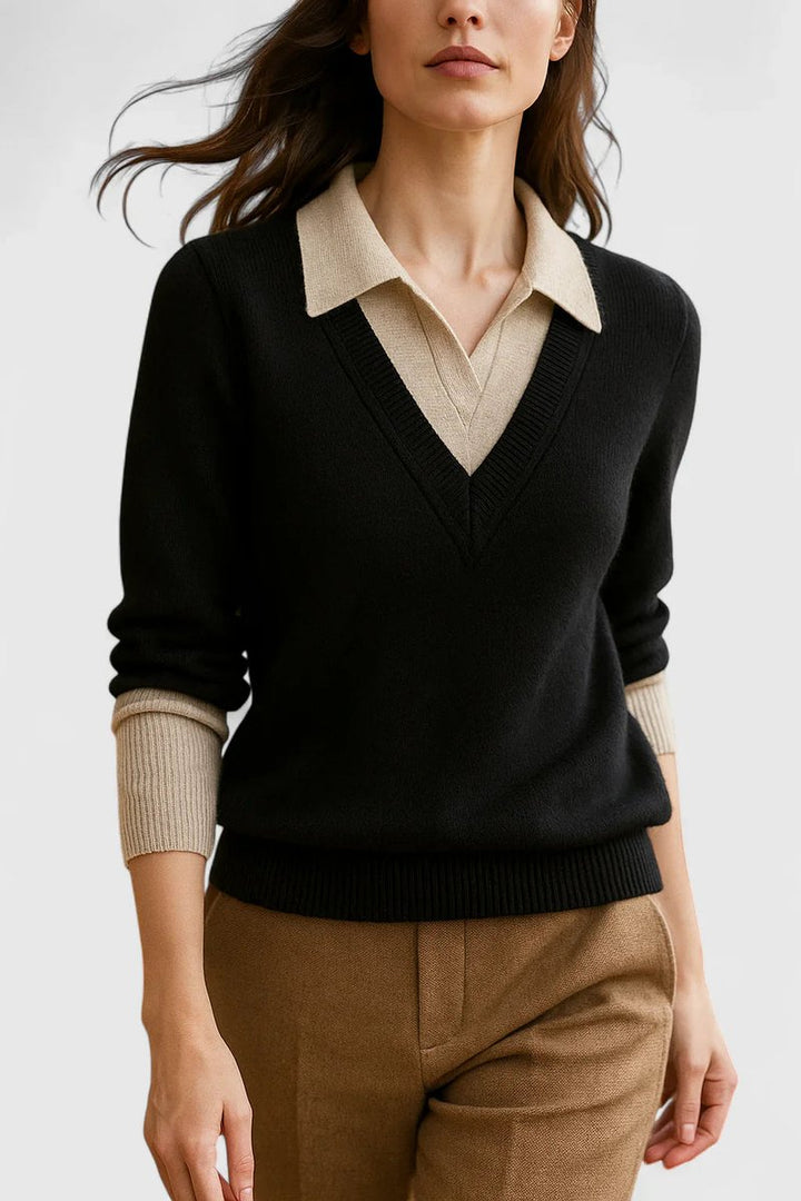 Women's Collared V-Neck Knit Pullover Sweater Button Cuffs