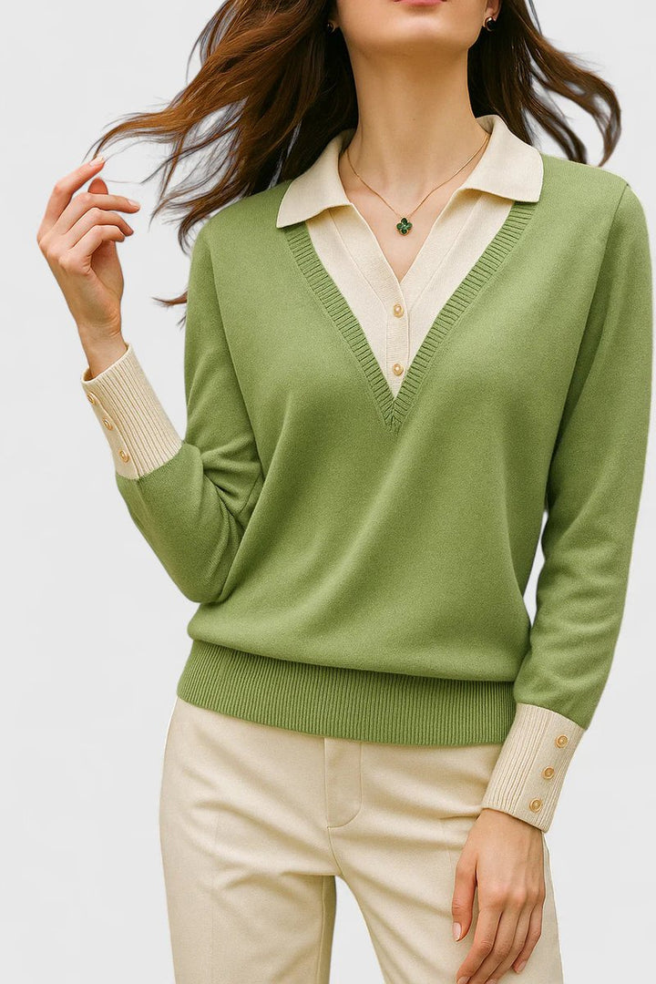 Women's Collared V-Neck Knit Pullover Sweater Button Cuffs