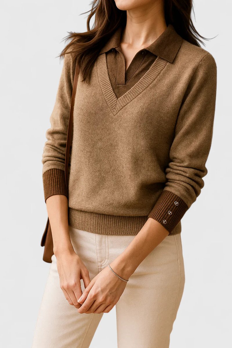 Women's Collared V-Neck Knit Pullover Sweater Button Cuffs