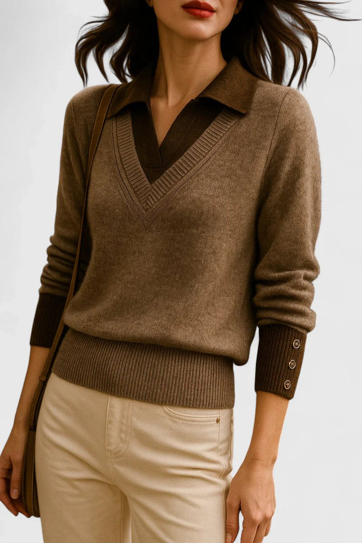 Women's Collared V-Neck Knit Pullover Sweater Button Cuffs